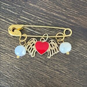 Hand Crafted Gold Heart Wing Brooch with Red and White Charms